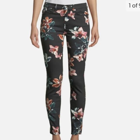 7 For All Mankind Tropical Floral Print Skinny Jeans Black - Picture 1 of 8